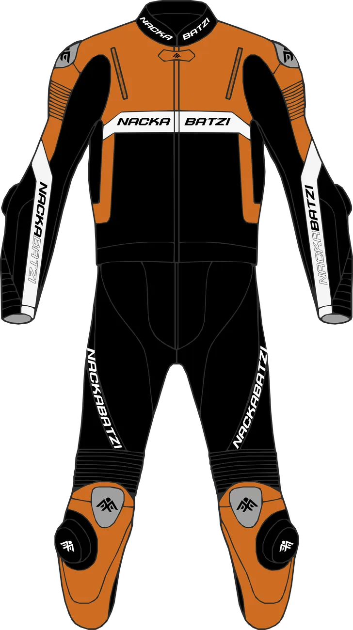 Batzi-Eins made-to-measure motorcycle race suit in black leather with red panels, front view