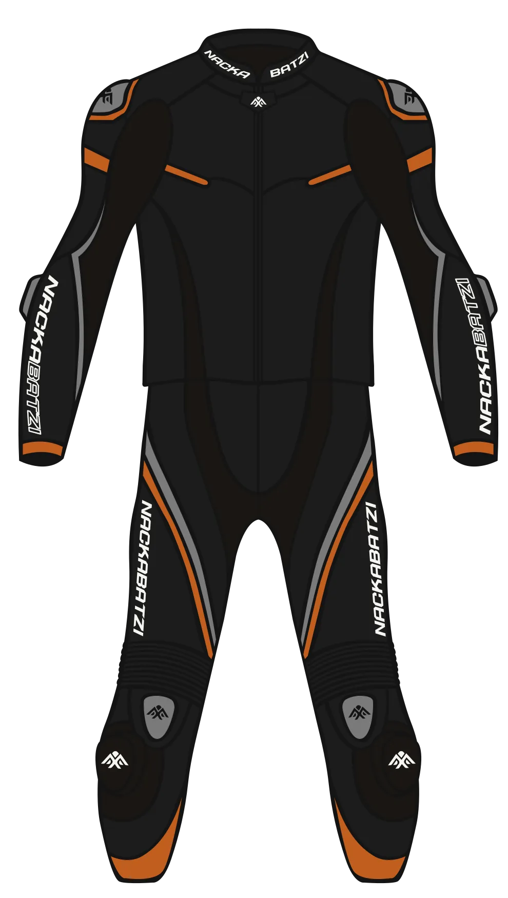 Batzi-Zwei made-to-measure motorcycle race suit in black leather with orange accents, front view